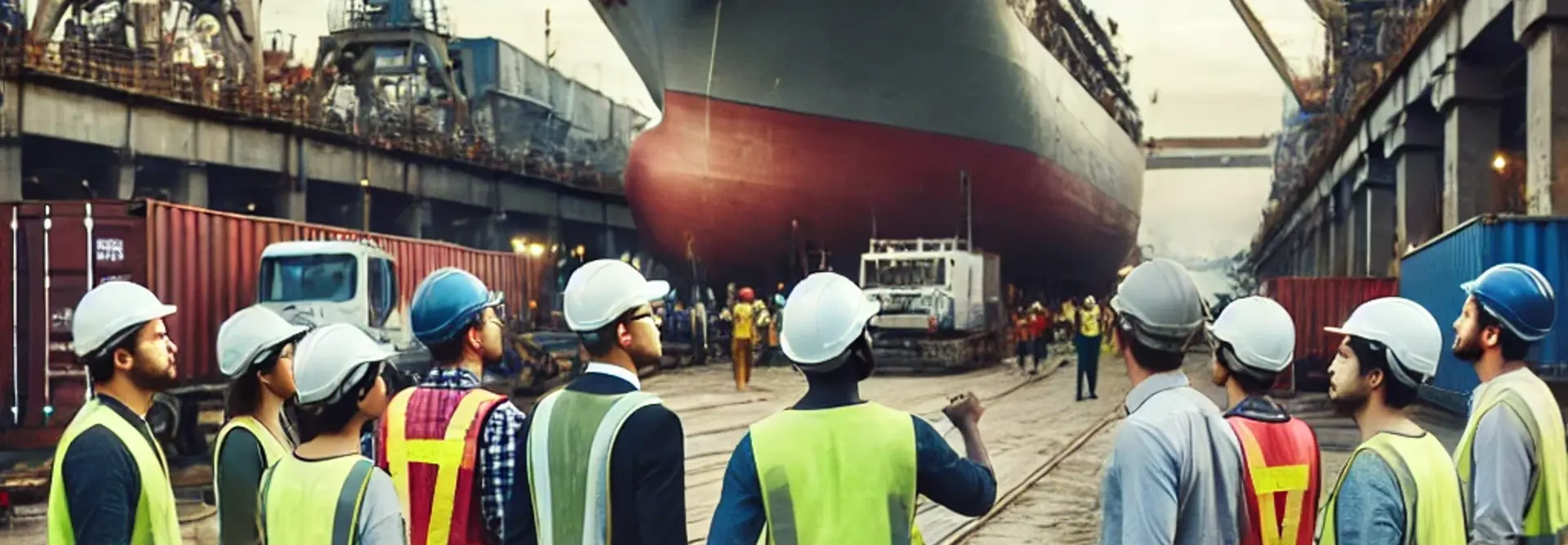 DALL·E 2024 10 02 11.27.09 A Diverse Group Of Men And Women From Different Ethnic Backgrounds, Dressed In Safety Gear Like Hard Hats And Reflective Vests, Inspecting A Busy Ship