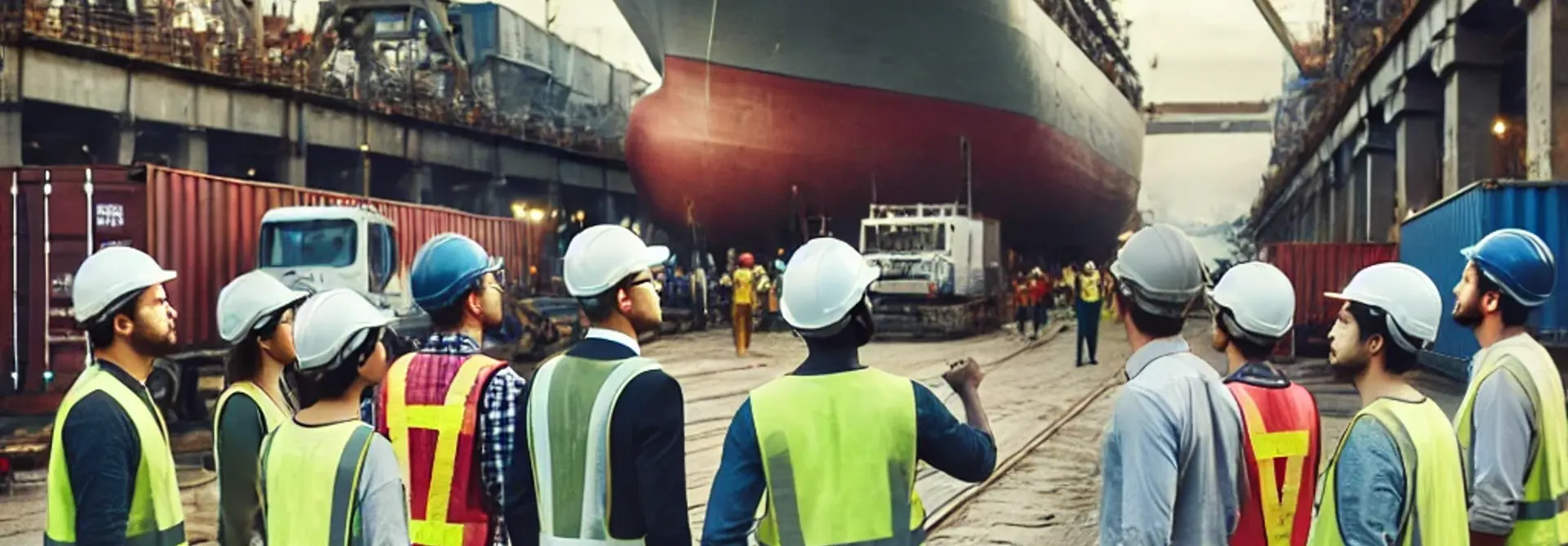 DALL·E 2024 10 02 11.27.09 A Diverse Group Of Men And Women From Different Ethnic Backgrounds, Dressed In Safety Gear Like Hard Hats And Reflective Vests, Inspecting A Busy Ship