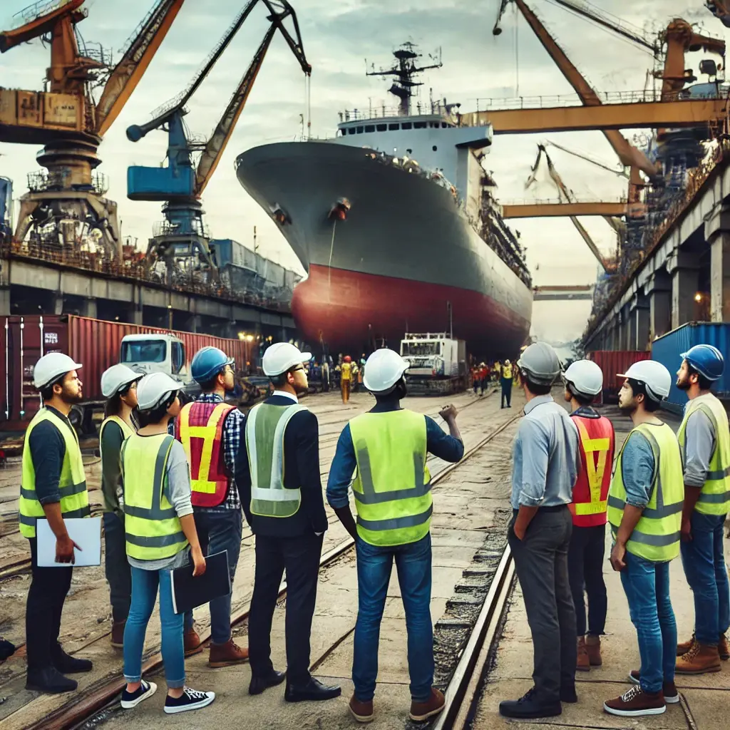 DALL·E 2024 10 02 11.27.09 A Diverse Group Of Men And Women From Different Ethnic Backgrounds, Dressed In Safety Gear Like Hard Hats And Reflective Vests, Inspecting A Busy Ship